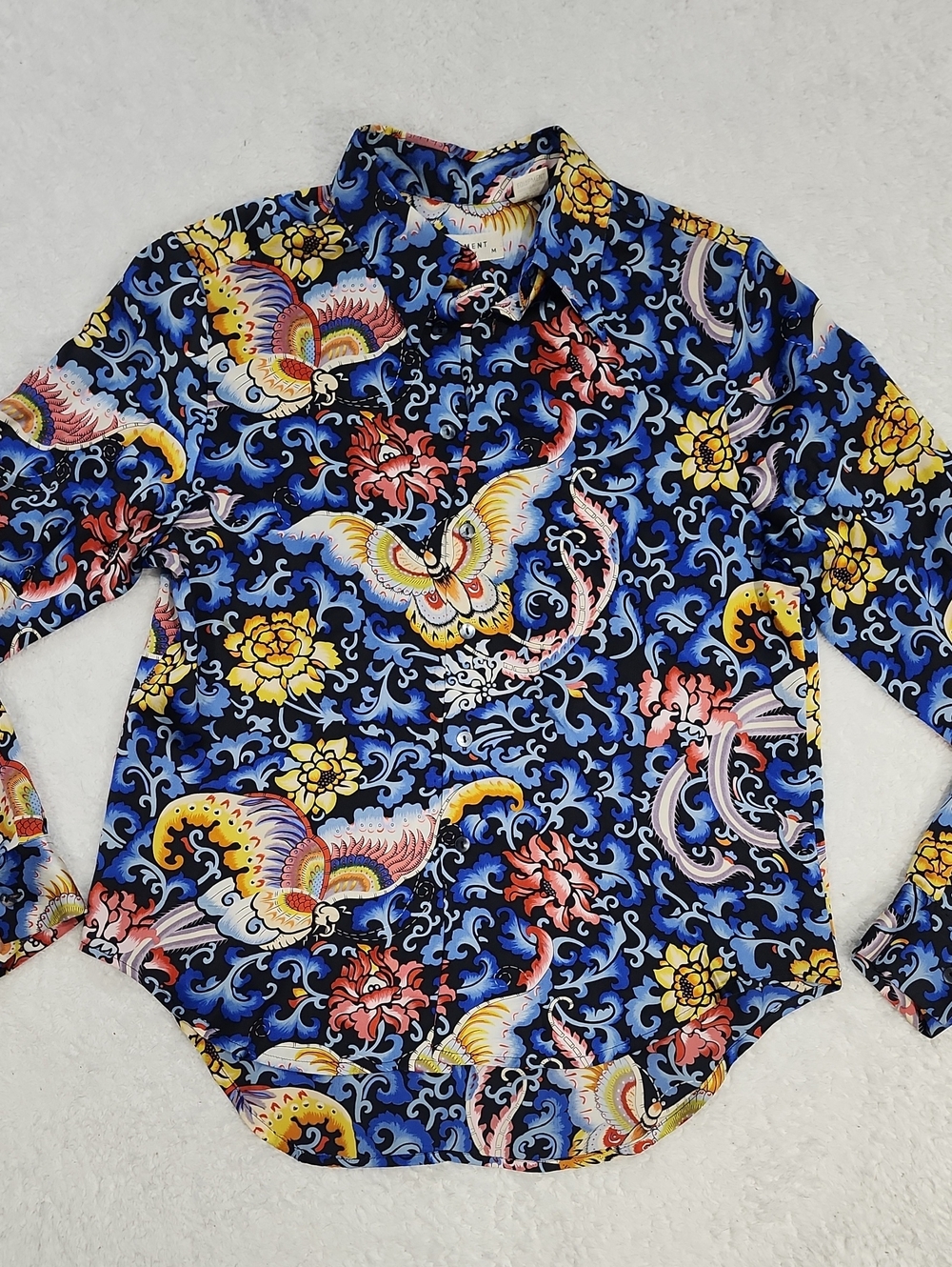 Vintage Equipment Floral And Butterfly 100% Silk Button Front Blouse
